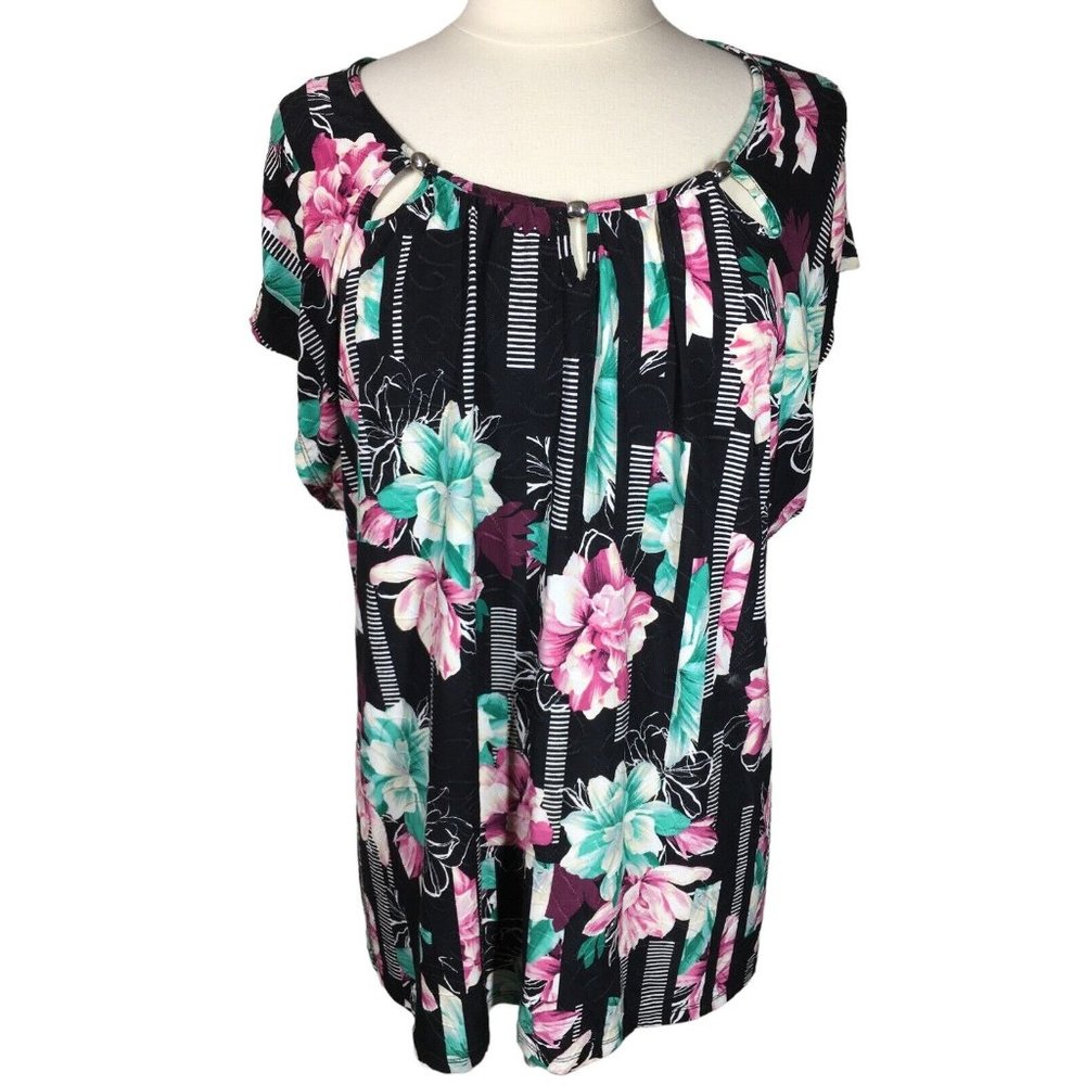 Women's Black Floral 3X Plus Blouse Top Plus Size Keyhole Neck Textured Rochelli